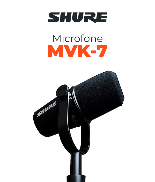 Os microfones Shure MV7-K combinam qualidade profissional com versatilidade, garantindo que cada palavra seja capturada com clareza e precisão.